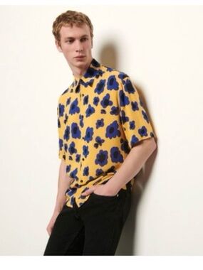 Sandro Paris Men's Yellow Blue Poppies Viscose Button-Up Shirt Size M